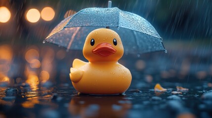 Yellow rubber duck under umbrella in rain (1)