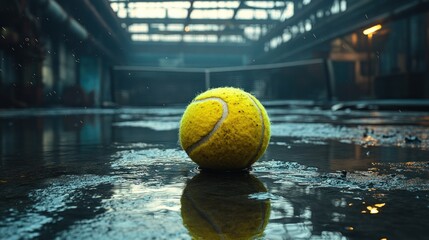 Yellow tennis ball in puddle, abandoned industrial space