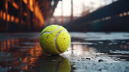 Yellow tennis ball in puddle on urban ground