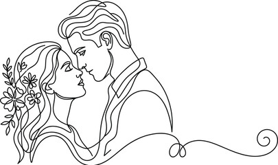 Romantic couple line art illustration, elegant continuous drawing of man and woman in love, floral detail design, cad drawing flat vector illustration