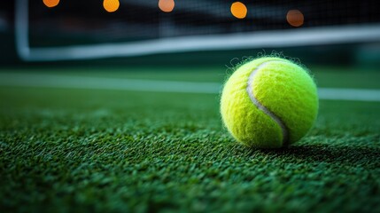 Yellow tennis ball on green court at night
