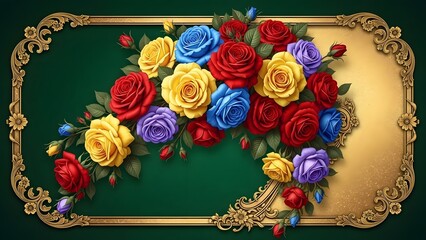Vibrant bouquet of red yellow and blue roses adorns an ornate gold frame against a deep emerald green background
