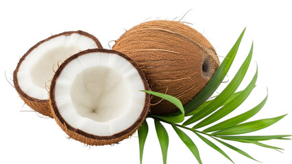 Whole and halved coconuts with green palm leaves on black background whole coconut tropical fruit