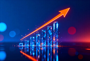 Abstract bar chart with glowing orange arrow showing growth trend in financial data or business success