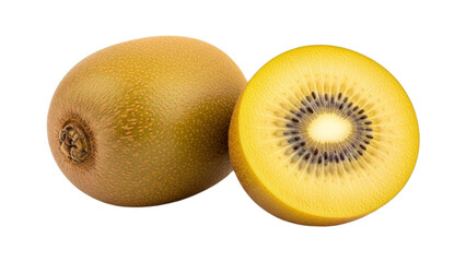Whole and halved golden kiwi fruit with yellow flesh and black seeds halved kiwi whole kiwi