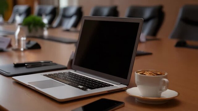 laptop, coffee cup, and smartphone on a conference table in a modern office