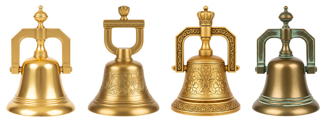 Four ornate golden bells with handles on top isolated on a transparent background