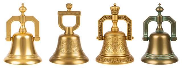 Four ornate golden bells with handles on top isolated on a transparent background