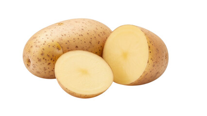 Whole and halved raw potatoes with light brown skin and pale yellow flesh whole potato halved potato