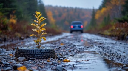 Young sapling in tire, muddy forest road, car