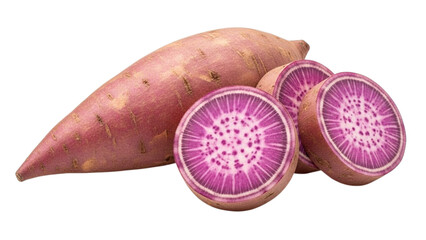 Whole and sliced purple sweet potatoes with vibrant purple flesh root vegetable