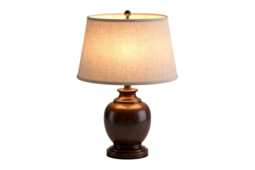 A classic table lamp with a beige shade and brown base