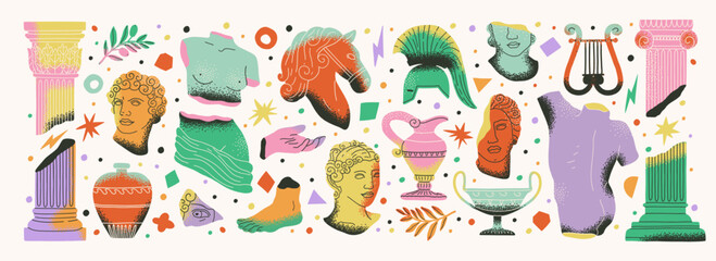 Set of Ancient Greek statues, busts, columns, architecture and Mediterranean olive branches. Roman elements for historical education, museum design