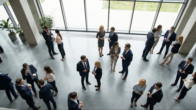 Overhead view of diverse business professionals networking in a spacious, modern office lobby, engaging in conversations during a corporate event o...