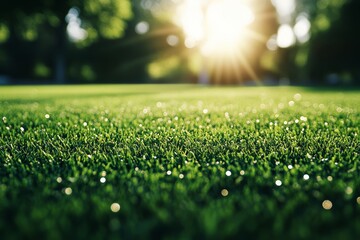 Naklejka premium Vibrant Spring Meadow with Lush Green Grass, Sunlight Filtering Through Trees and Blossoming Flowers