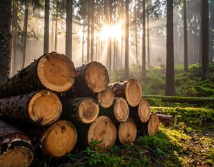 Sunlight streams through misty forest, highlighting stacked logs