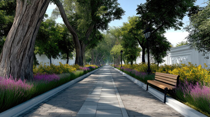 Fototapeta premium Tree lined path with wooden bench, cobblestone walkway, blooming flowers, green foliage, peaceful atmosphere, outdoor park