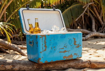 Blue cooler filled with ice and beers on Australian beach party  