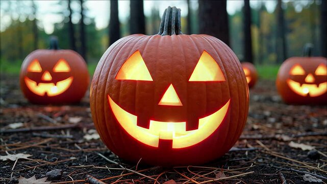 A spooky carved orange pumpkin with a scary smiling face sits as a Halloween jack o lantern decoration in a dark autumn garden during the October holiday season