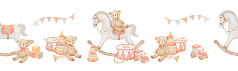 Seamless border with rocking horse, vintage teddy bear and train toy, hand drawn watercolor pastel illustrations isolated on white background