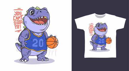 Big dinosaur play basketball illustration hand drawn, vector ready for print on t-shirt and other uses.