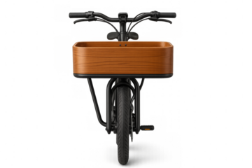 Essential bicycle with wooden front basket, transparent background