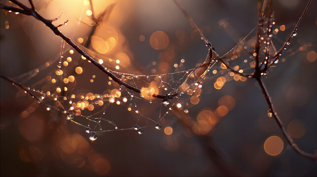 A glistening spiderweb adorned with droplets of water, captured in the soft light of the morning. The delicate threads and glistening water droplets create a mesmerizing scene.