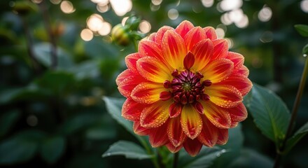A vibrant red and yellow dahlia flower with water droplets on its petals, set against a blurred green background.