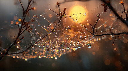 A spider web glistens in the golden light of dawn, adorned with dew droplets