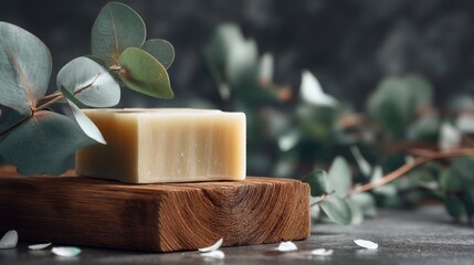Soap bar on wood with greenery