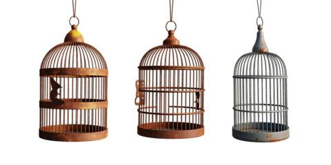 Three antique bird cages hanging isolated on white background