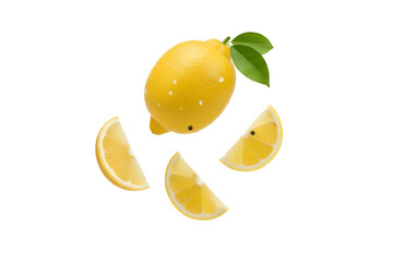 Fresh lemon with floating slices, bright citrus fruit wedges, juicy sour yellow cut pieces, natural tropical ingredient isolated on transparent background
