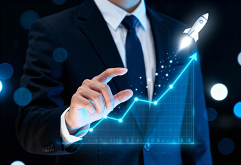 Businessman hand touching virtual screen with glowing arrow graph, representing financial growth and success in business