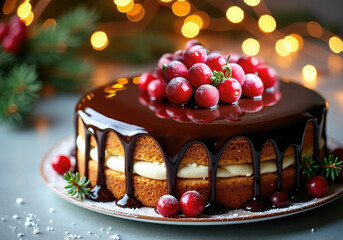 Luxury Christmas chocolate cake with glossy frosting and red berries, set against a festive background of bokeh lights and holiday tinsel.