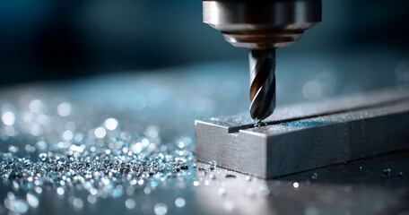 Close-up of a metal milling machine cutting a rectangular metal block with metal shavings scattered around on a blurred industrial background