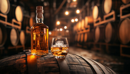 Whiskey bottle and glass on barrel in aging cellar
