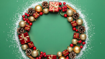 Christmas wreath with golden ornaments, red gifts, pinecones, and cinnamon sticks against green background. Christmas wreath includes decorative elements like shiny baubles and sweet spices.
