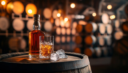 Obraz premium Whiskey bottle and glass on barrel in aging cellar