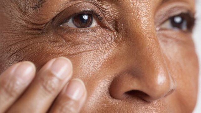 Mature woman applying serum on her face. African 50s female holding dropper skin care product. Anti Age essential oil with oily pipette. Advertising facial care cosmetics. Health, youth. Drop fluid