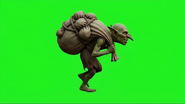 Animated goblin creature carrying a large sack walks on a green screen background