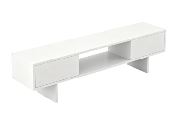Modern white TV stand with two drawers and open shelf