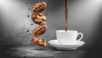 Delicious cookies and coffee scene with floating cookies and pouring coffee
