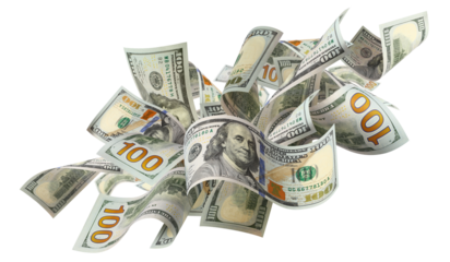 Flying hundred dollar bills, isolated on transparent cutout background