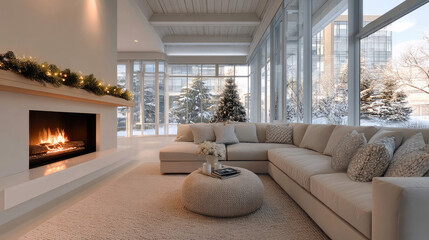 Fototapeta premium Cozy modern living room with large windows, beige sectional sofa, fireplace, winter view, and soft natural light create warm inviting atmosphere