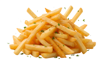 Golden crispy French fries pile isolated on transparent background, fresh fried potato sticks with salt and herbs, delicious fast food snack, crunchy texture, comfort food for menus and advertisements