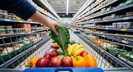 A first-person view of a hand placing a bunch of fresh green kale into a shopping cart, which is already filled with a vibrant assortment of fruits and vegetables including red apples, yellow bananas,