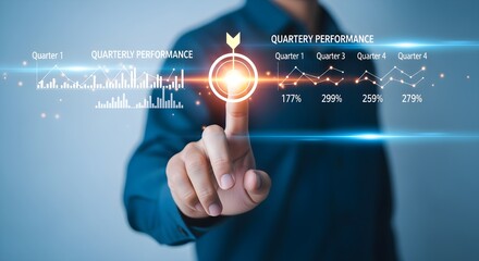 Businessperson analyzing quarterly performance data on a futuristic digital display