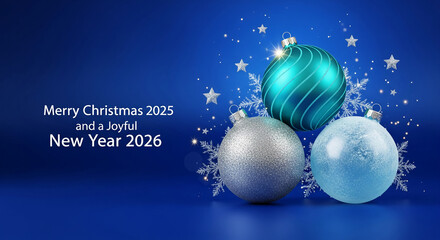 Three round ornament balls, one turquoise, one silver, one light blue, on blue background. Festive, holiday, seasonal, Christmas celebration concept