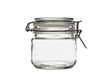 Clear glass jar with metal clamp for food storage