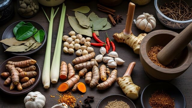 A vibrant overhead shot of various fresh and dried Asian spices, herbs, and roots, including turmeric, galangal, lemongrass, and chilies, arranged on a dark surface with a mortar and pestle. - Powered by Adobe